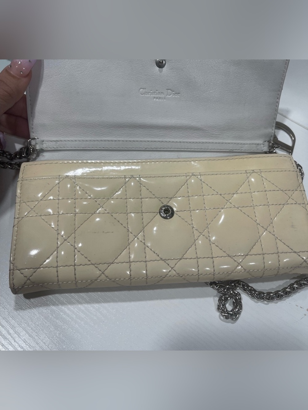 Christian Dior Patent Cannage Lady Dior Rendezvous Wallet On Chain in Beige - Picture 9 of 16